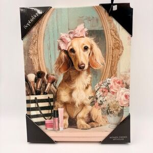 Sophistique Glitter Dachshund Dog Pink Bow Makeup Vanity Canvas Wall Art NEW